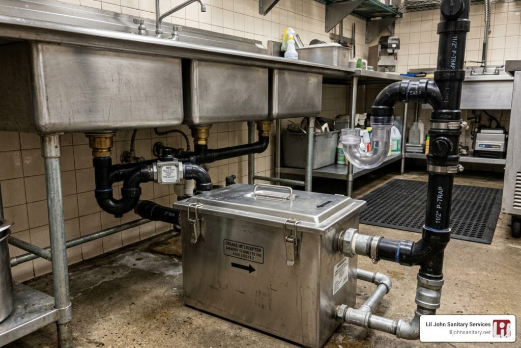 indoor hydromechanical grease interceptor under a commercial sink - commercial grease trap cleaning
