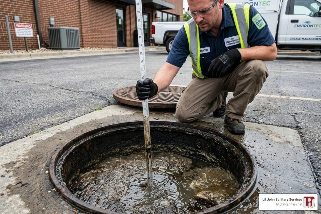 technician using a dip stick to measure grease and solids depth in an interceptor - commercial grease trap cleaning