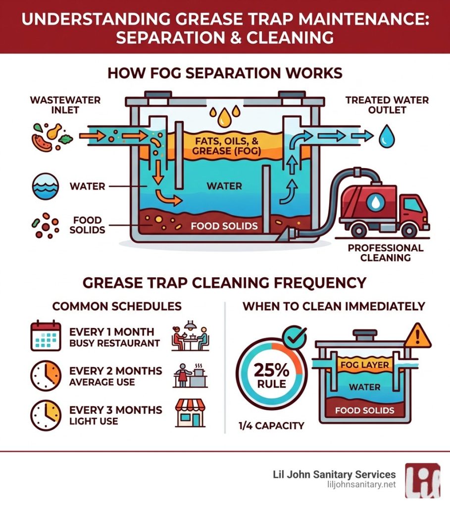 Infographic showing grease trap FOG separation process and cleaning frequency requirements - commercial grease trap cleaning